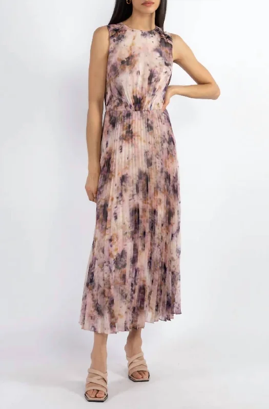 Print Silk Crinkle Chiffon Dahlia Dress in Violet Multi