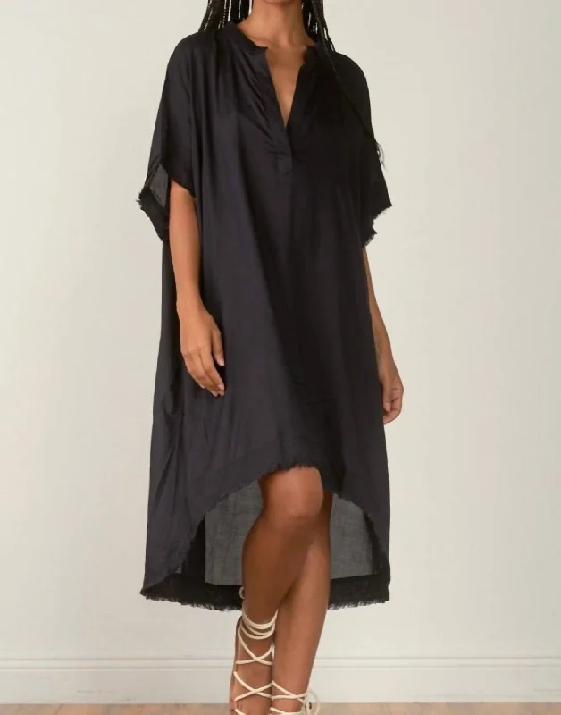 Frayed Edge V-Neck Dress in Black