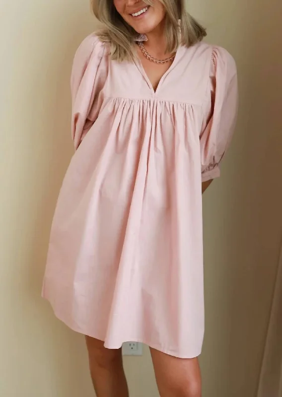 Poplin High Neck Dress in Blush Pink