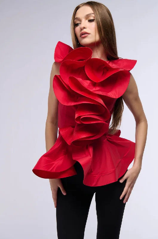 MISS FASHIONISTA SLEEVELESS RUFFLE PEPLUM BLOUSE IN RED