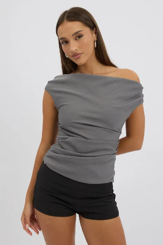 Grey Ruched Off Shoulder Top