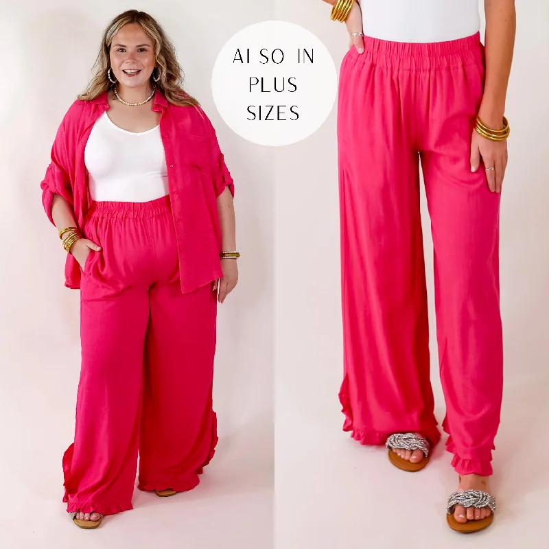 My Spotlight Ruffled Hem Linen Pants in Hot Pink