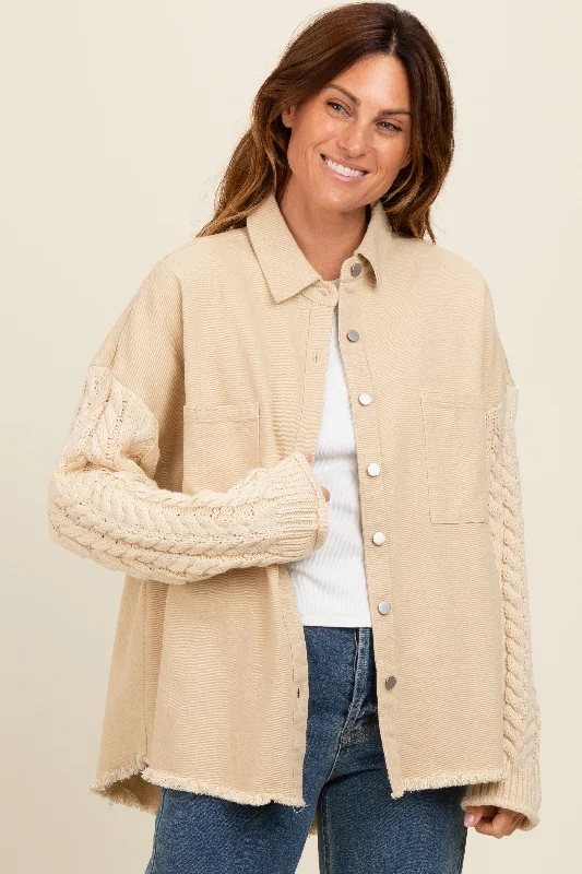 Beige Denim Cable Knit Contrast Jacket