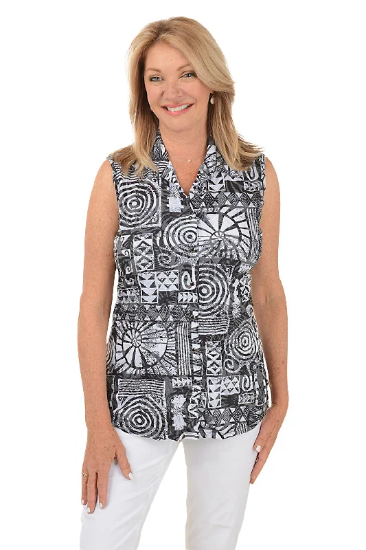 Spiral Shells Sleeveless Button-Front Crinkle Top