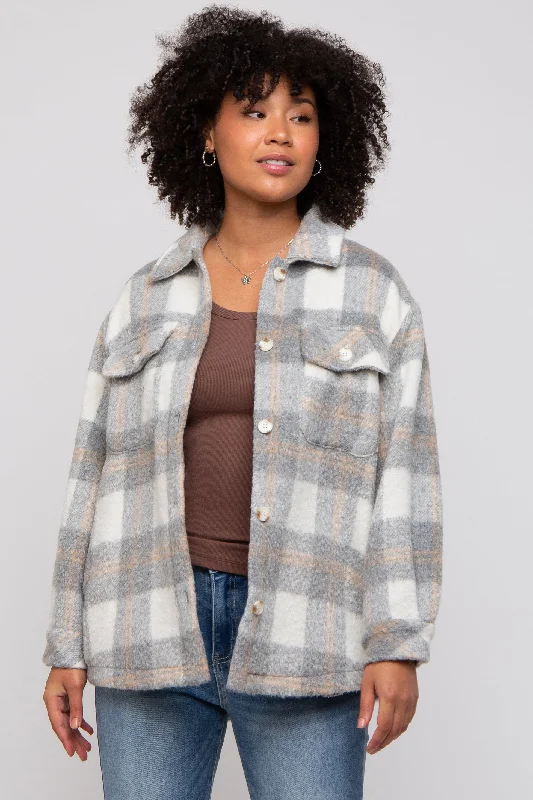 Heather Grey Plaid Fuzzy Button Up Jacket