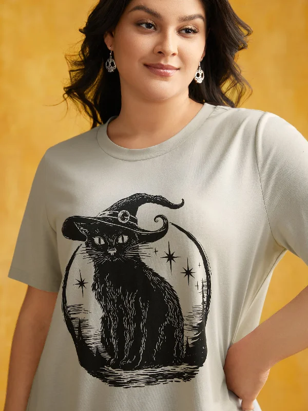 Bewitched Cat Printed Crew Neck T-shirt