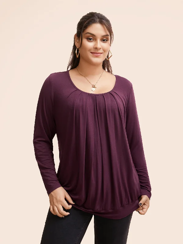 Plain Pleated Round Neck T-shirt