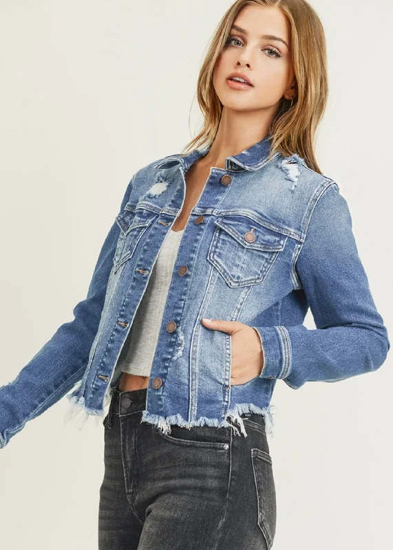 Risen Medium Wash Destructed Frayed Hem Denim Jacket