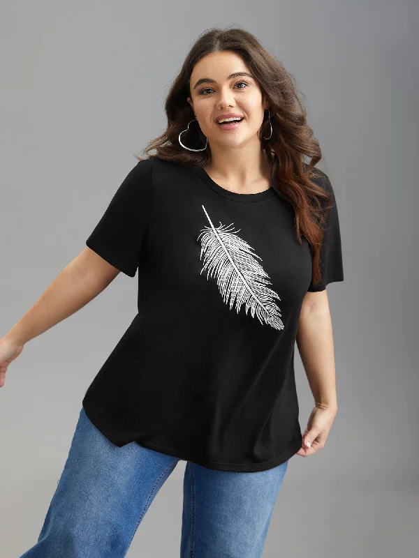 Stretchy Feather Print Round Neck T-Shirt