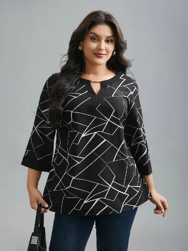 Geometric Print Metal Detail Spliced Blouse