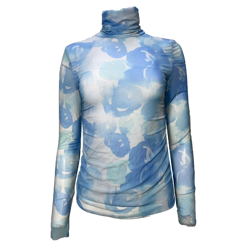 Ganni Printed Turtleneck Long Sleeve Mesh Top in Light Blue Polyamide