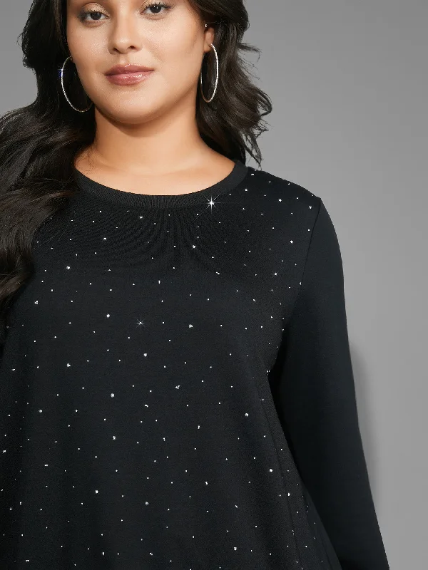 Crew Neck Rhinestone Slightly Stretchy Sweatshirt