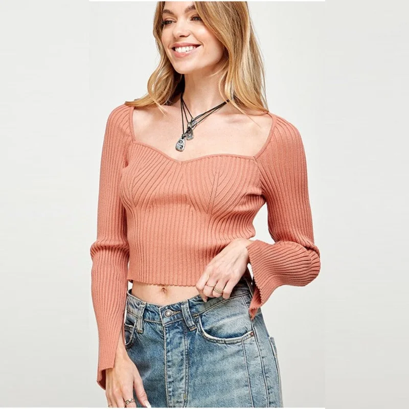 Square Neck Line Knit Top with Sleeves Slits (Sienna)