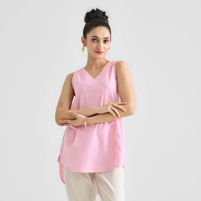 Candy Pink Linen Cotton Sleeveless Tunic with Lace Detail