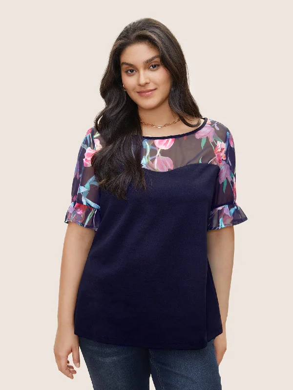 Floral Patchwork Mesh Round Neck Flutters T-shirt