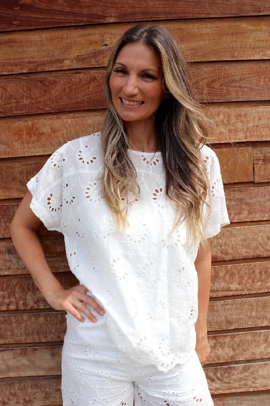 Anglaise Short Sleeve Cotton Top in White