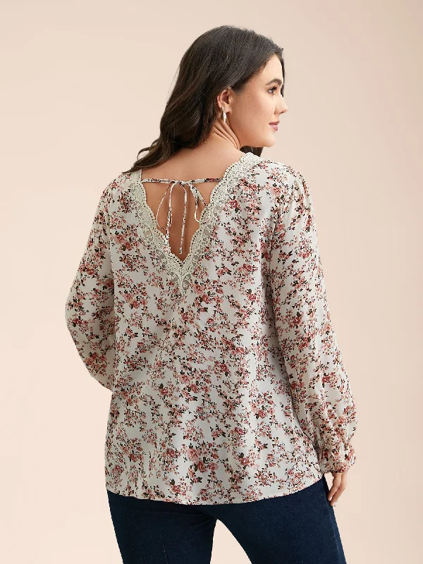 Back Lace Trim Ditsy Floral Print Blouse