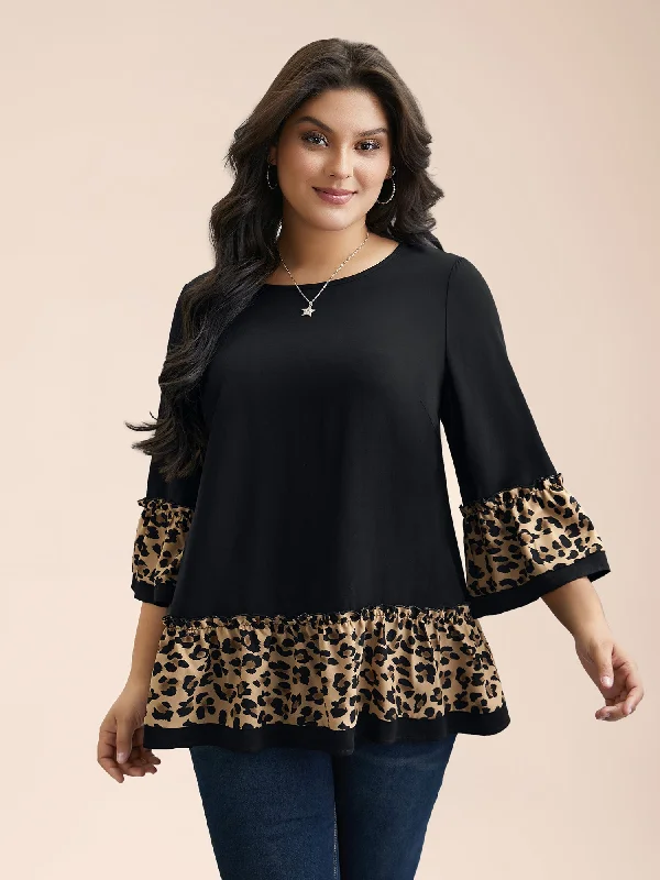 Leopard Print Patchwork Tiered Blouse