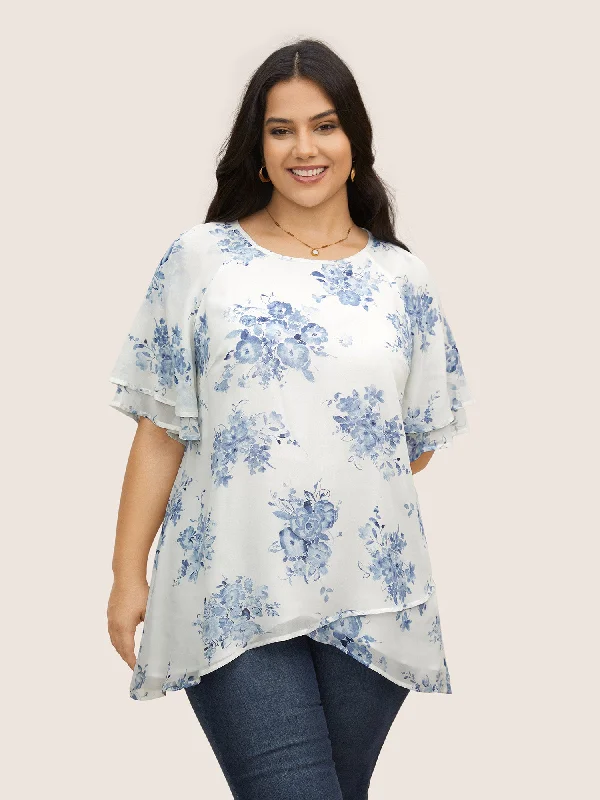 Chiffon Floral Tiered Ruffles Raglan Sleeve Blouse