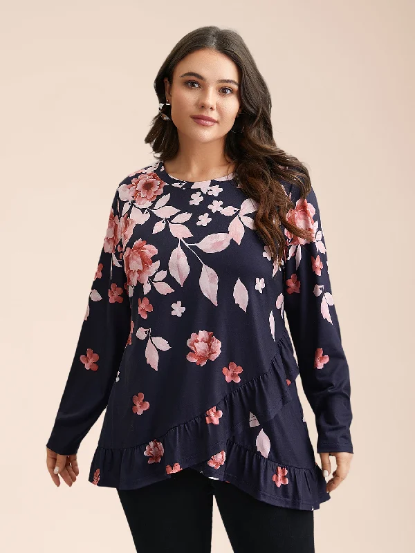 Spring Flowers Ruffled Hem T-Shirt