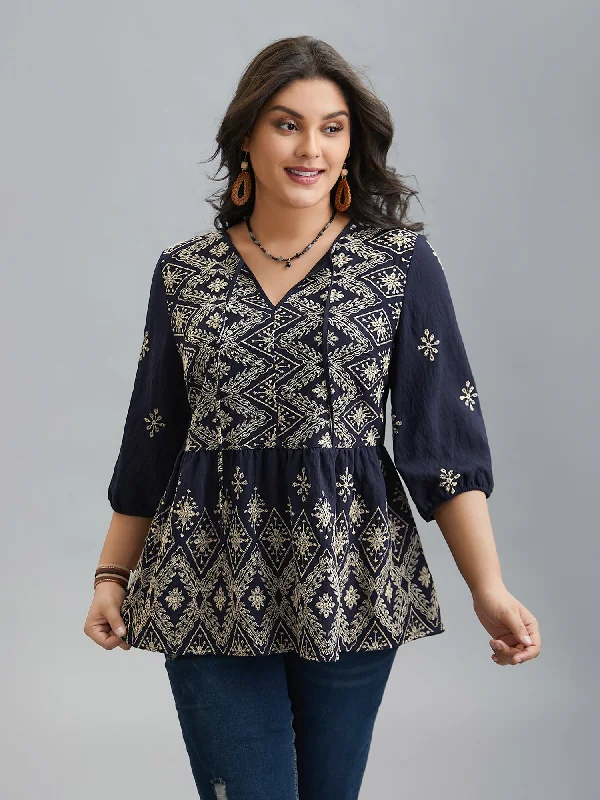 Boho Embroidered Pleated V-Neck Blouse