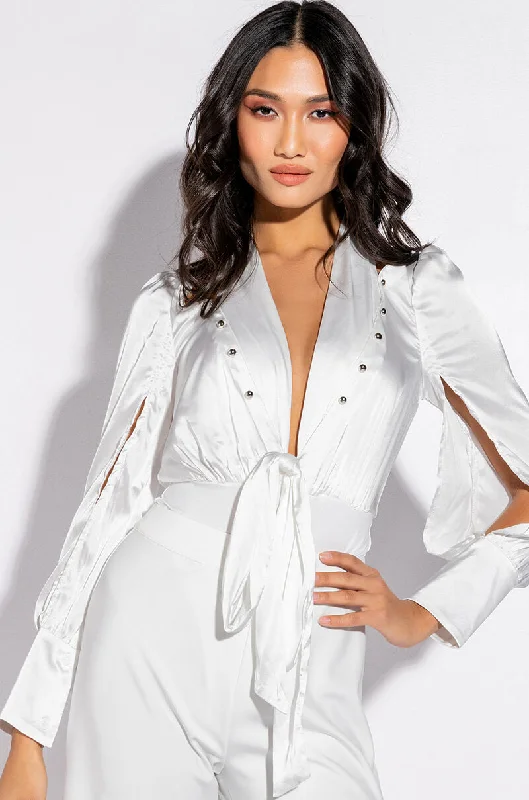 ONE TIME THING LONG SLEEVE TIE FRONT SATIN BODYSUIT