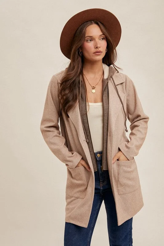 Faux Hoodie Herringbone Coat - 2 Colors!