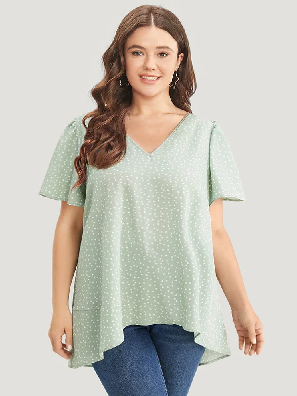 Heart Print Ruffle Sleeve Asymmetrical Hem Blouse