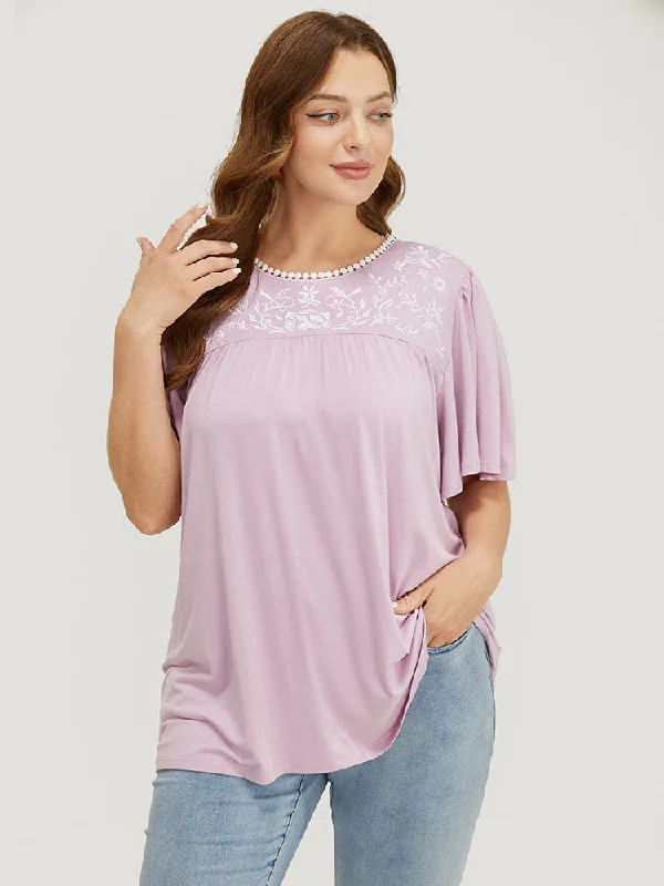 Floral Embroidered Ruffle Sleeve Keyhole Round Neck T-shirt