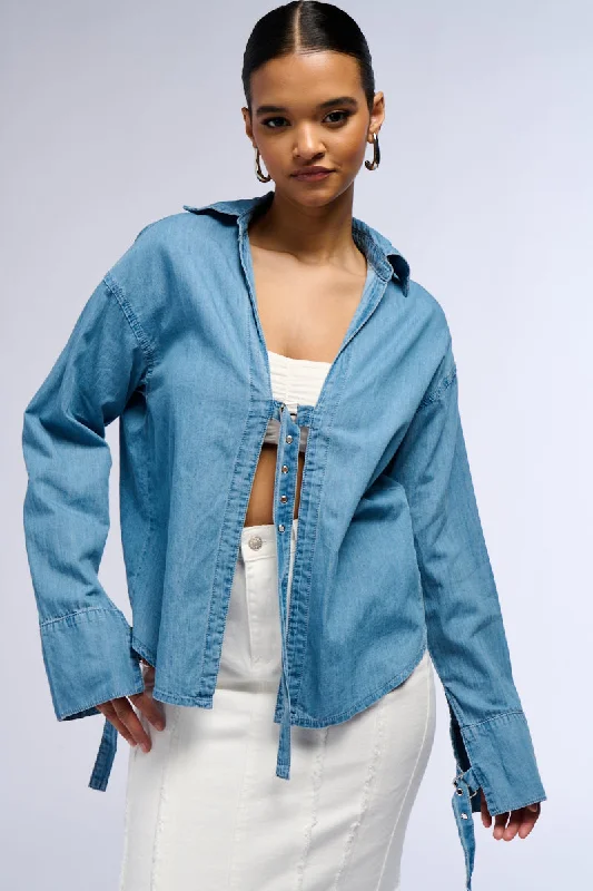 DAY TRIP BUCKLED FRONT DENIM BLOUSE