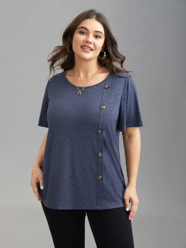 Side Buttons Round Neck Fitted T-Shirt