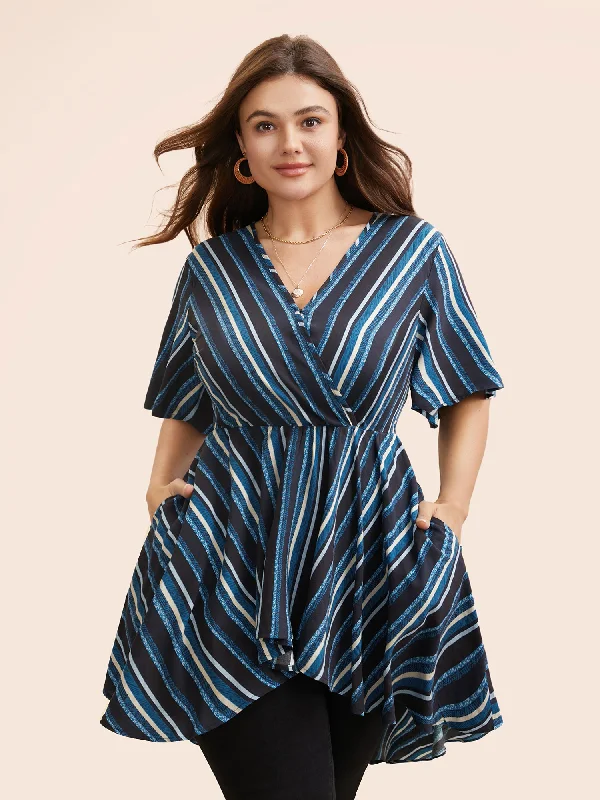 Striped Ruffle Sleeve Overlap Collar Blouse