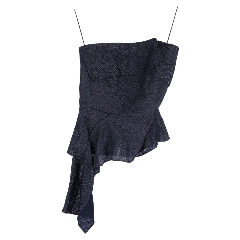 Roland Mouret Linet Strapless Draped Metallic Piqué Top in Navy Blue Viscose