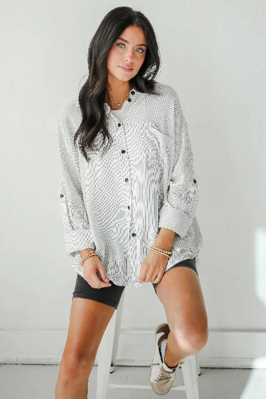 Sophisticated Selection White Striped Oversized Button-Up Blouse