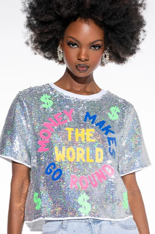 MONEY MAKE THE WORLD GO ROUND SEQUIN CROPPED SHIRT