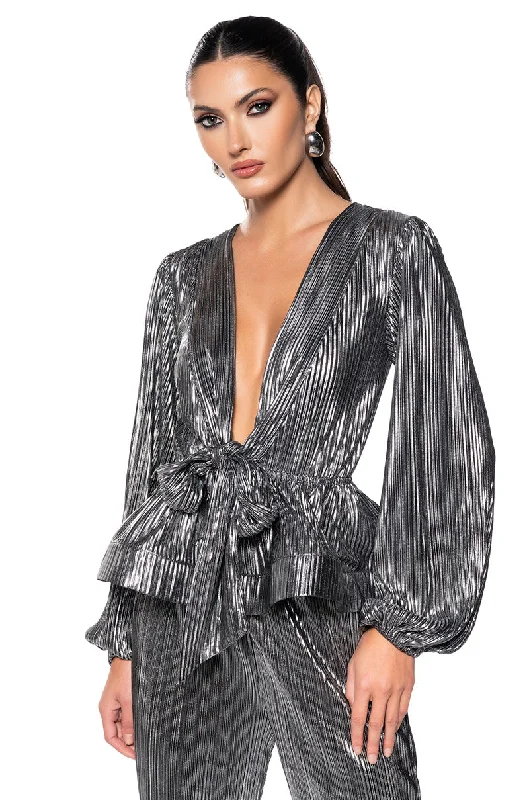 NOEL TIE PLEATED TIE FRONT METALLIC BLOUSE