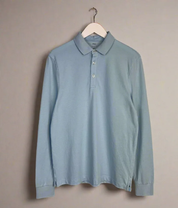 Blue Mens Cotton Long Sleeve Polo Top