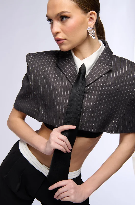 BEST IN BUSINESS PINSTRIPE CROP TIE TOP