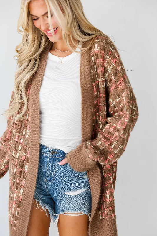 FINAL SALE - Cuddly Instinct Mocha Plaid Stitch Cardigan