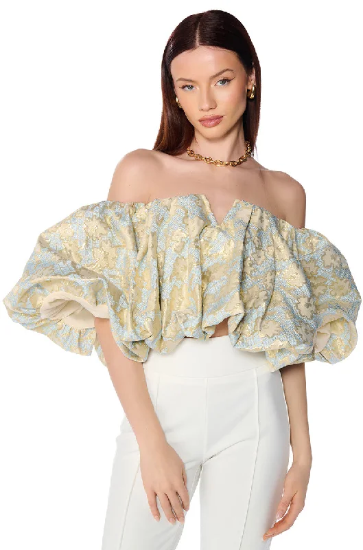 IRIS OFF THE SHOULDER BLUE BROCADE BLOUSE