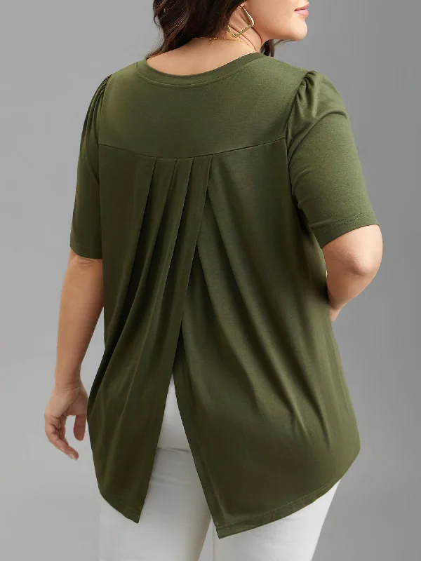 Back Pleats V-Neck Split T-Shirt