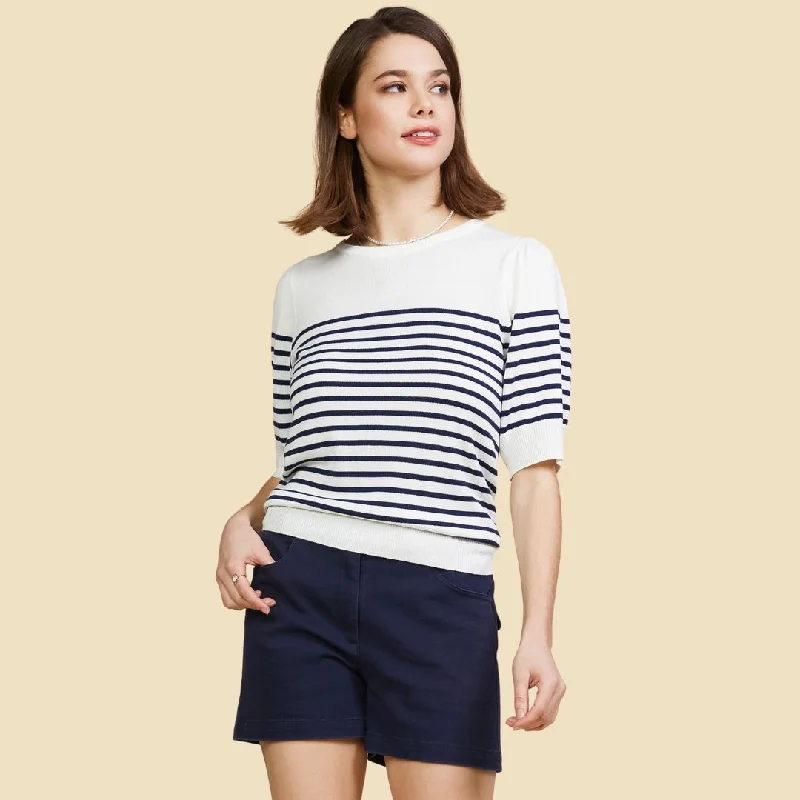 Knit Stripe Short Sleeve Top (White Navy)