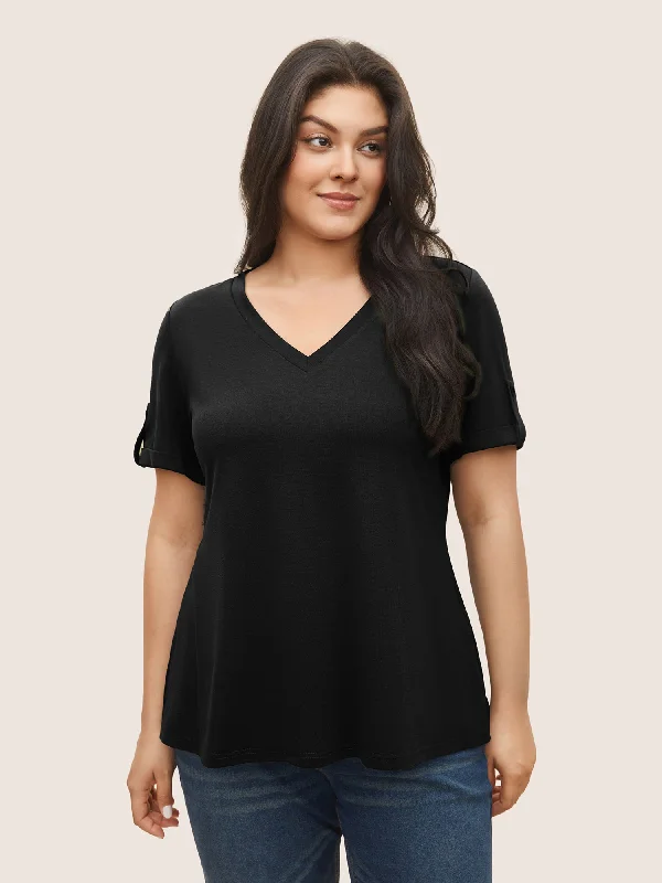 V Neck Solid Tab Sleeve T-shirt