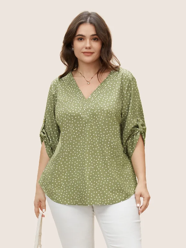 Polka Dot Button Cuff Sleeve Pleated Blouse