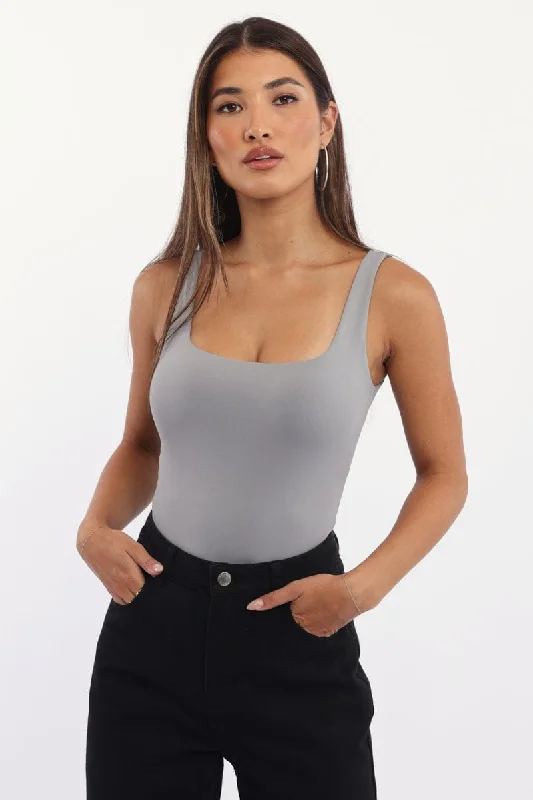 Grey Bodysuit Sleeveless Double Layered Supersoft