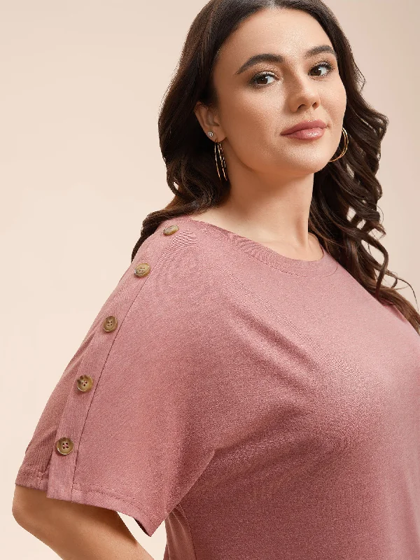 Decorative Buttons Half-Sleeve Plain T-Shirt