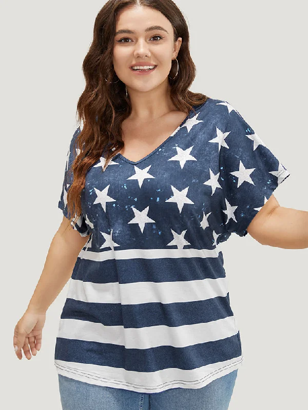 Star & Striped Print Batwing Sleeve T-shirt