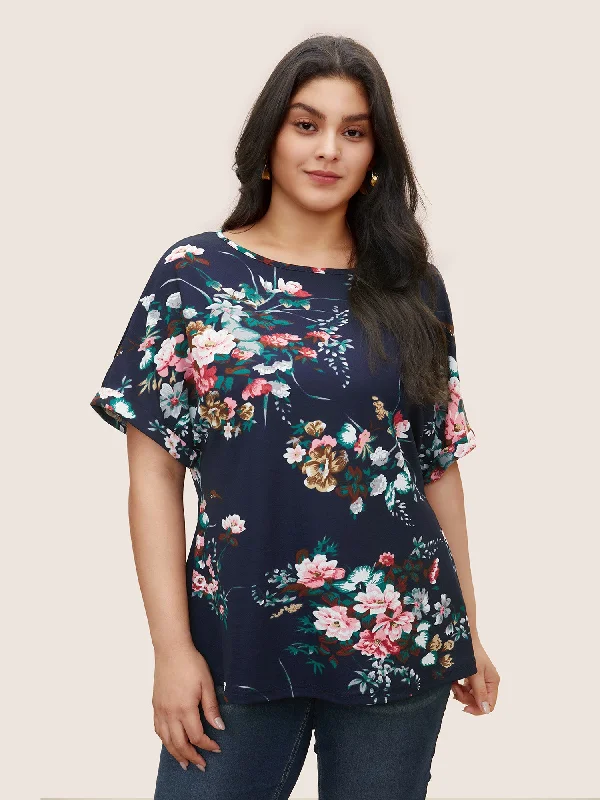 Floral Print Crew Neck Cuffed Sleeve T-shirt