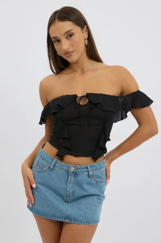 Black Frilled Top Sleeveless Off Shoulder Chiffon