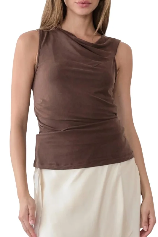 Asymmetrical Twist Shoulder Top In Brown